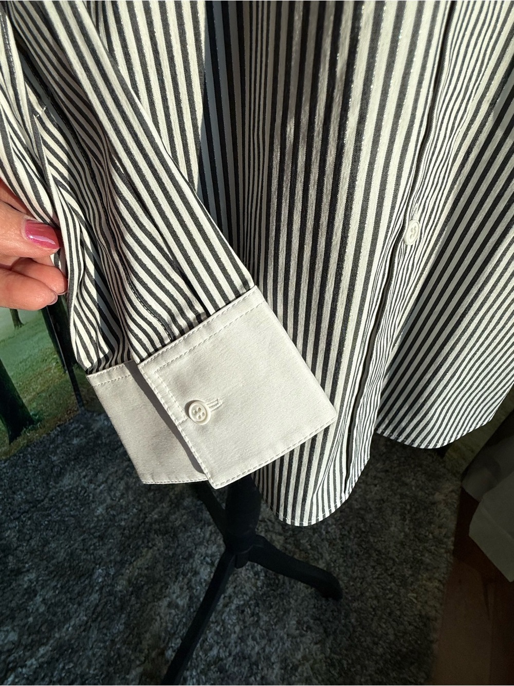 Lafayette 148 New York Shimmer Pinstripe Stretch Cotton Contrast Collar Blouse - Picture 6 of 16